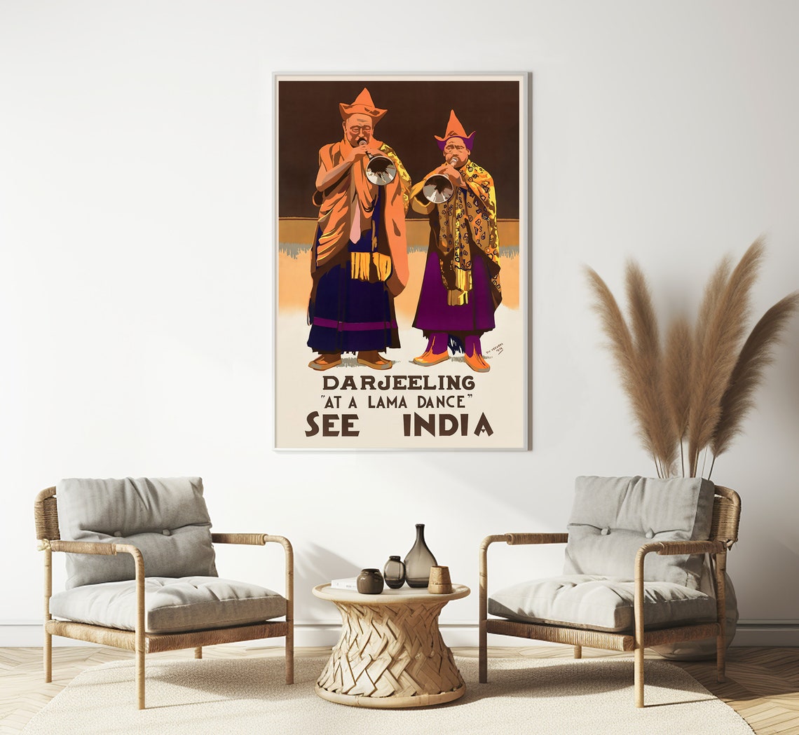 Darjeeling India Lama Dance Tibetan Horns Robes Vintage Travel Poster - Image 3