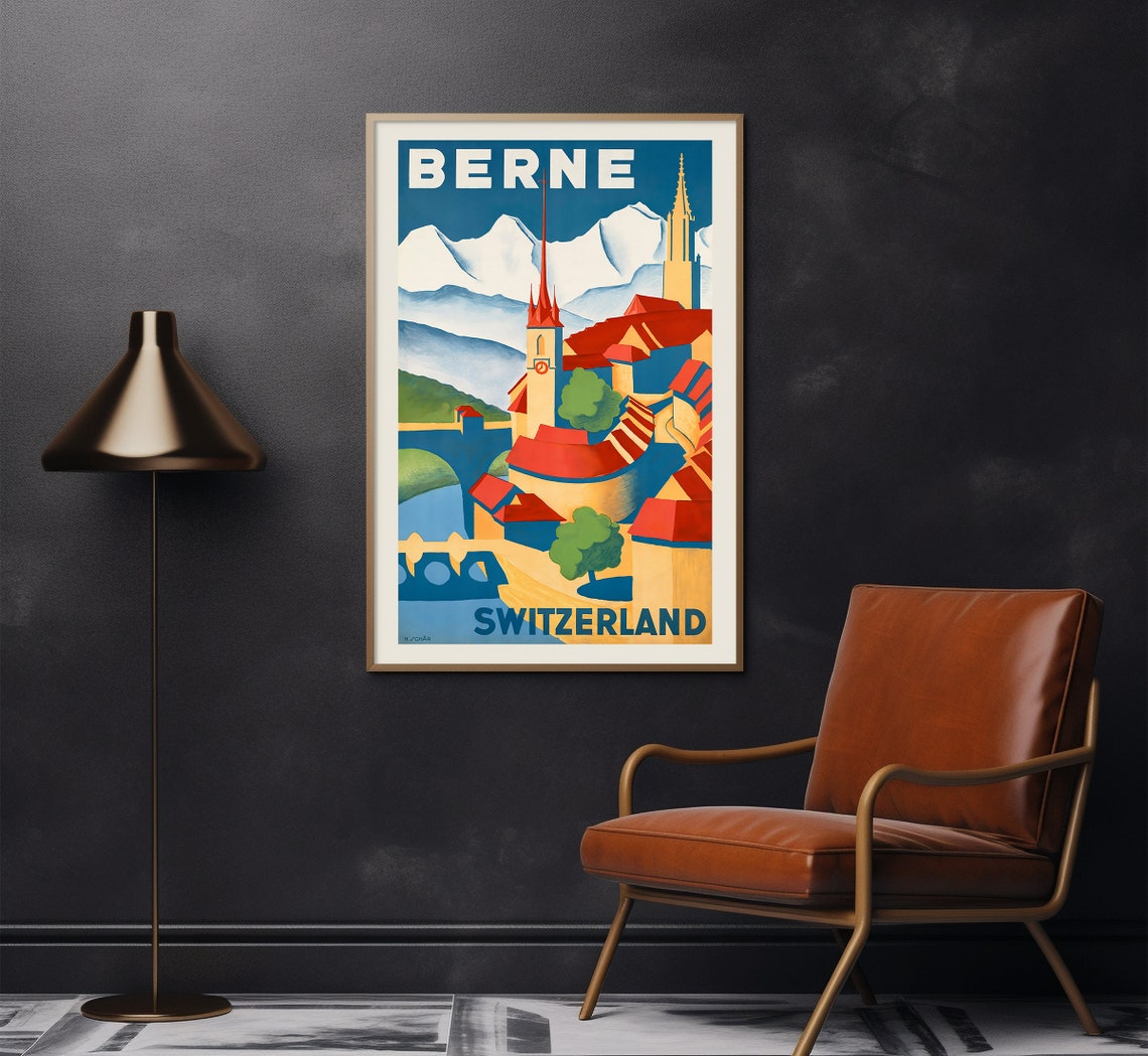 Berne Switzerland Old Town Spires Alpine Deco Vintage Travel Poster - Image 2