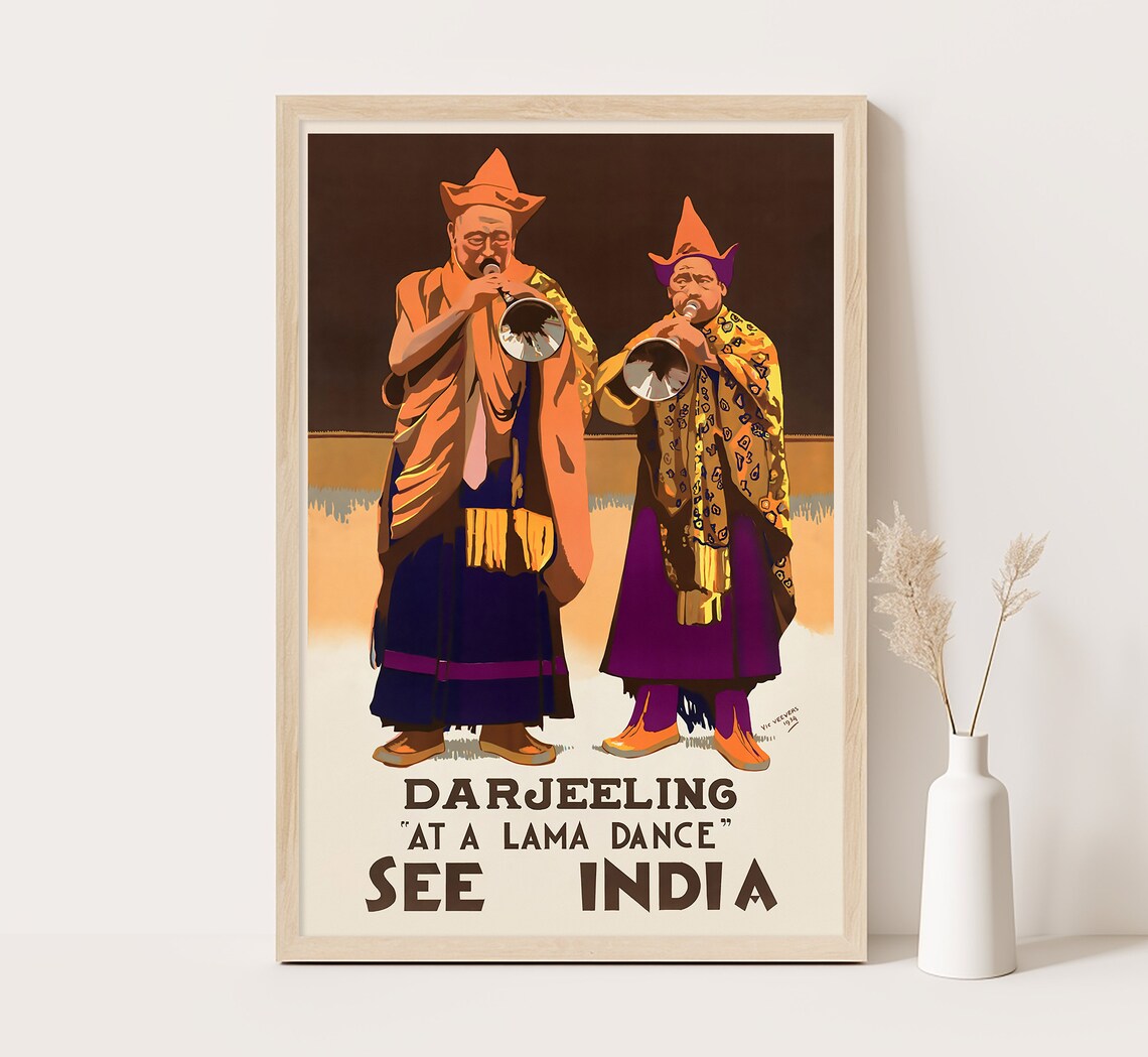 Darjeeling India Lama Dance Tibetan Horns Robes Vintage Travel Poster