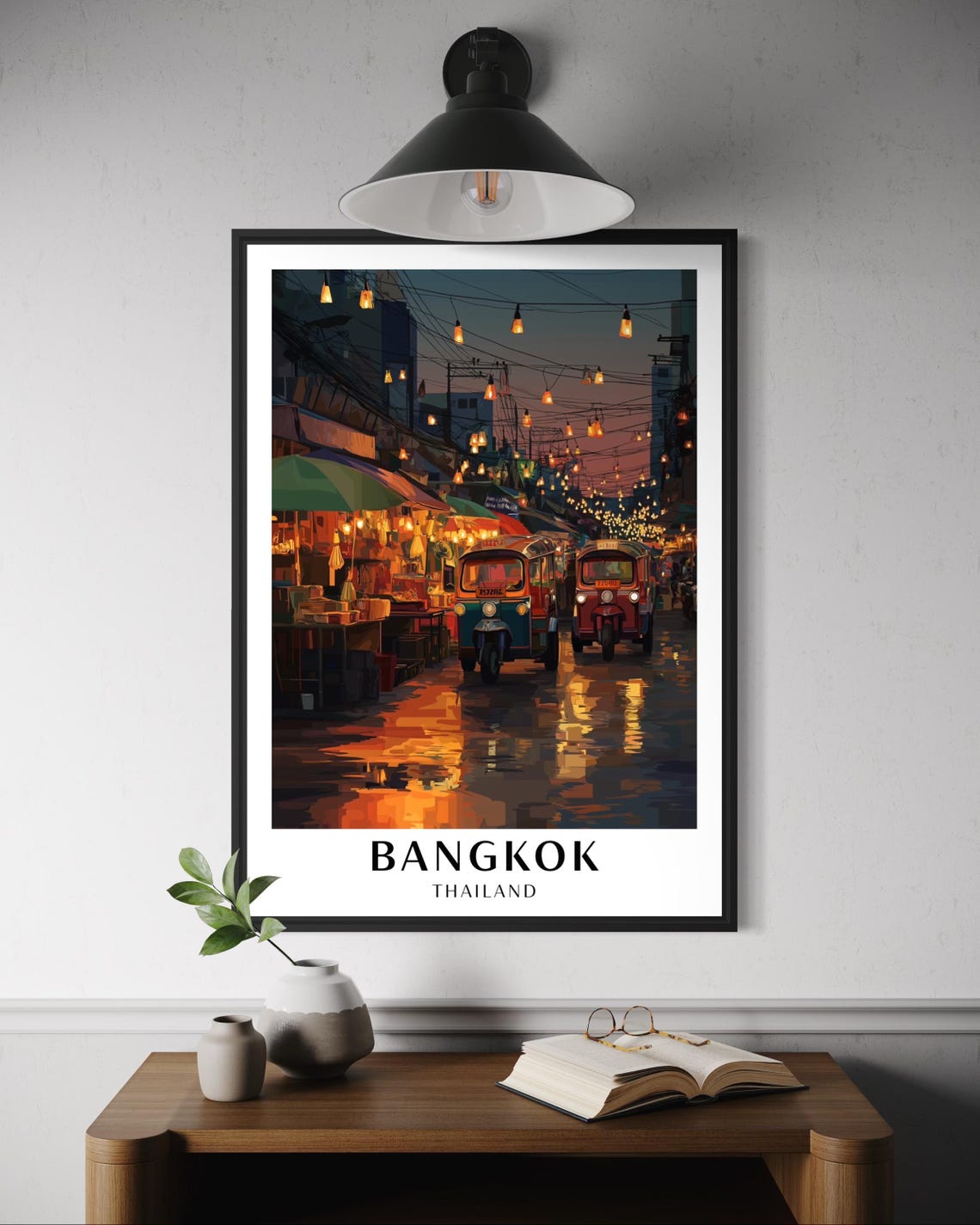 Bangkok Night Market Poster Thai Street Food Nightlife Scene Thailand Travel Wall Art Vibrant City Print Southeast Asia Tuktuks