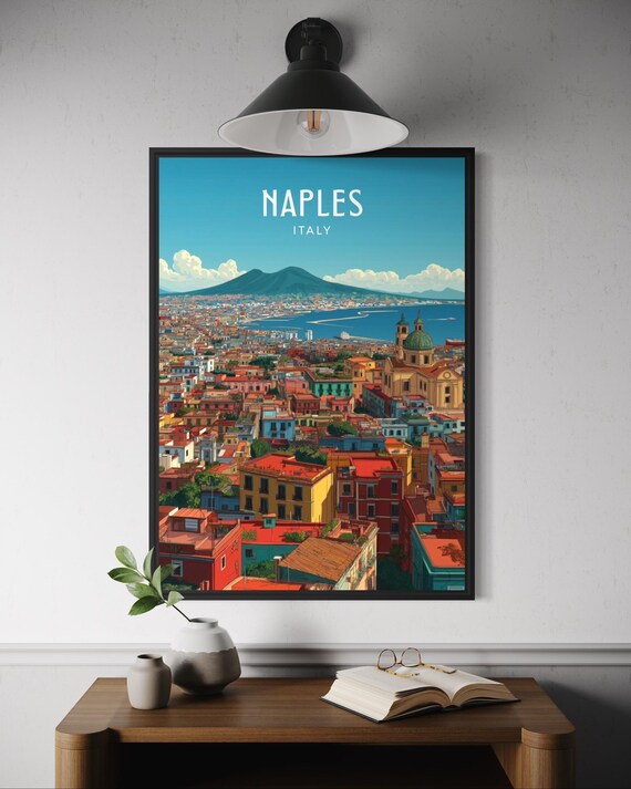 Naples Italy Vesuvius Bay Cityscape Panorama Church Domes Travel Poster