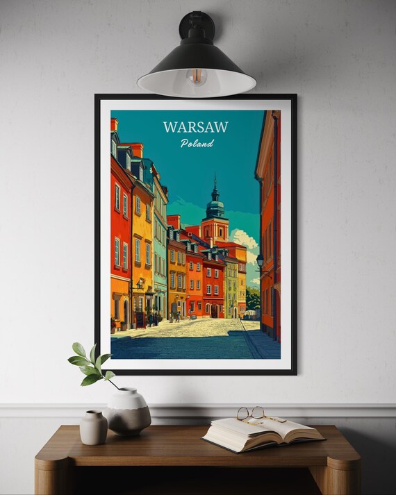 Warsaw Poland Colorful Old Town Street Historic Tower Travel Poster
