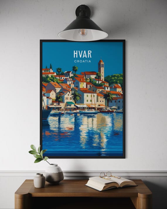 Hvar Harbour Poster Croatia Travel Wall Art Dalmatian Coast Print Adriatic Seaside Decor Mediterranean Illustration Europe