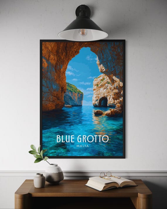 Blue Grotto Malta Poster Mediterranean Sea Wall Art Scenic Coastal Cave Print Island Travel Decor Vacation Illustration Europe