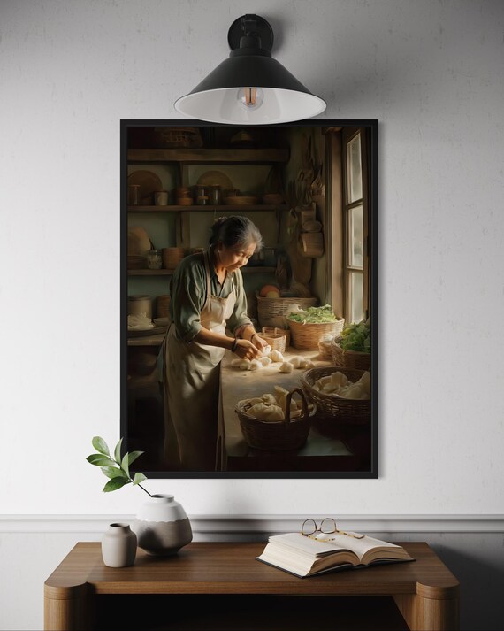 Grandmother Making Dumplings Rustic Kitchen Window Light Poster