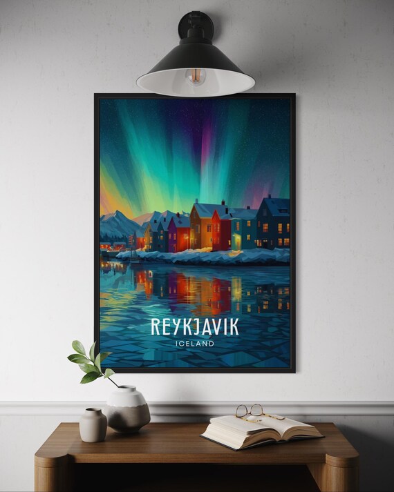 Reykjavik Iceland Northern Lights Over Snowy Houses Winter Travel Poster