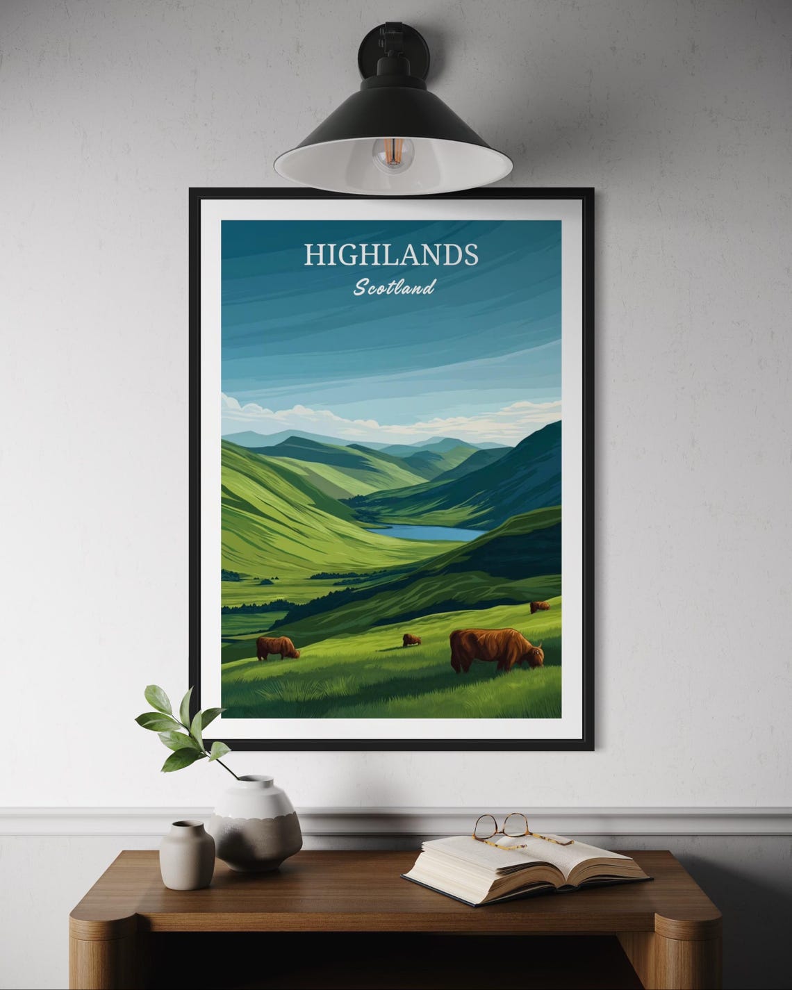 Scottish Highlands Grazing Cows Rolling Green Hills Travel Poster