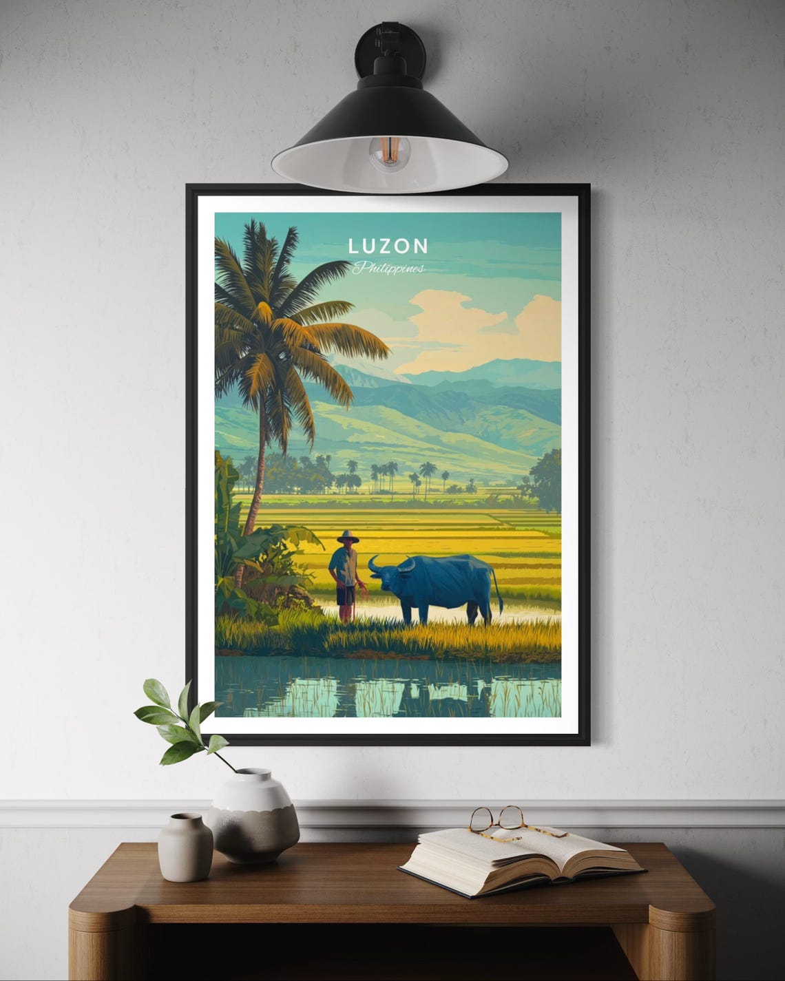 Luzon Philippines Rice Field Travel Poster with Farmer and Carabao