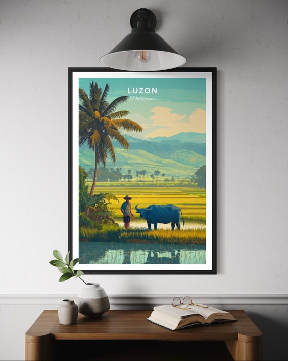 Luzon Rice Field Poster Philippines Travel Print Carabao Wall Art Farmer Illustration Southeast Asia Decor Filipino Water Buffalo