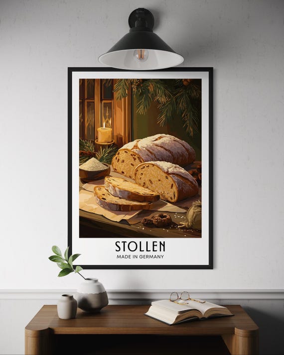 Stollen Poster German Christmas Bread Wall Art Festive Holiday Loaf Print Seasonal Dessert Illustration Winter Kitchen Decor Food Gift