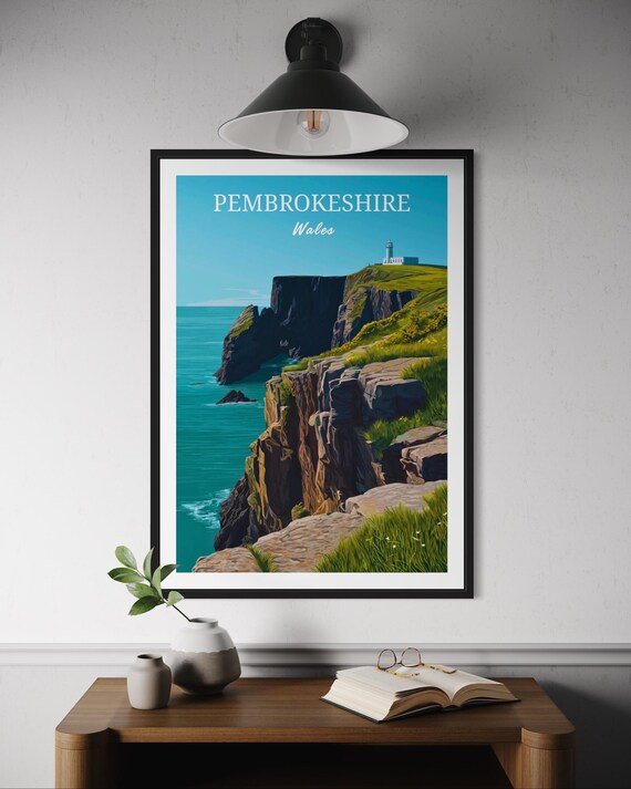 Pembrokeshire Wales Travel Poster Cliffs Lighthouse Turquoise Sea