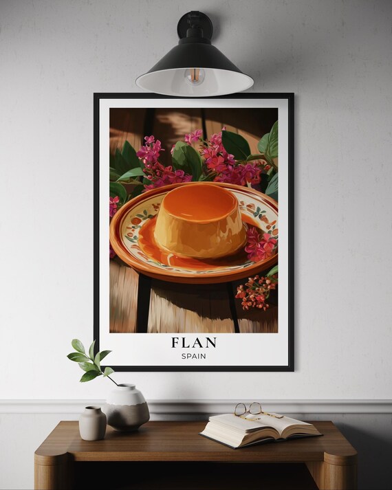 Flan Spain Caramel Custard Dessert Flower Garden Illustration Art Print