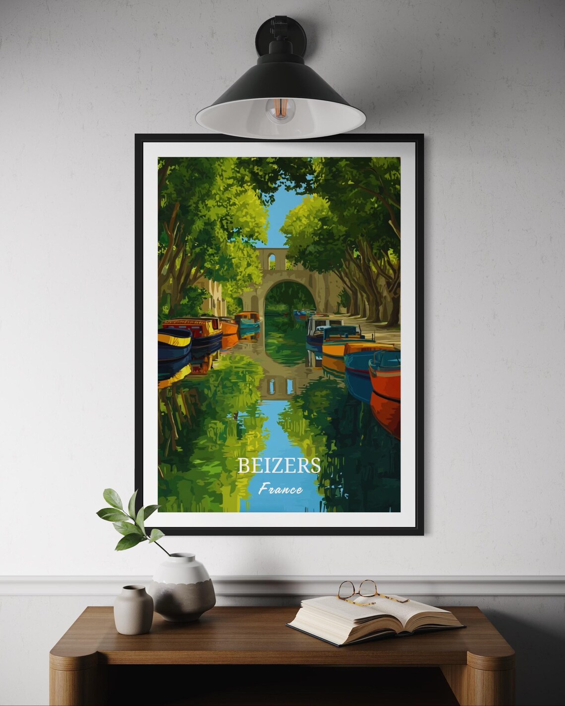Beizers France Canal Boats Stone Bridge Vintage Retro Travel Poster