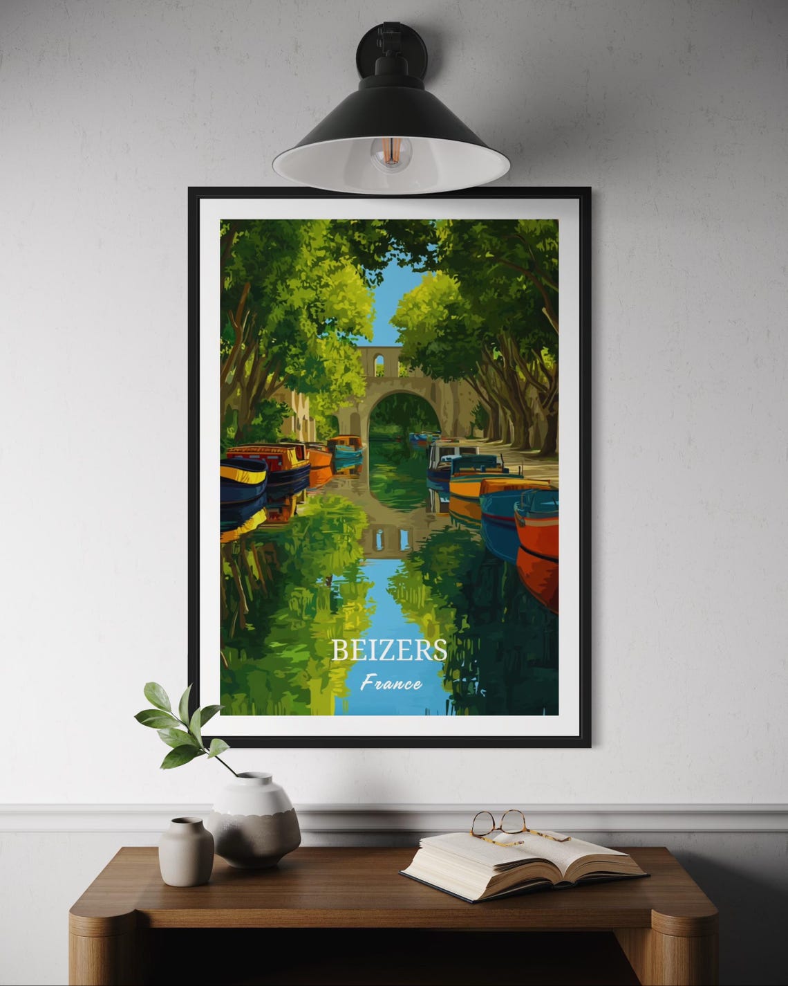 Beziers France Travel Poster Print Canal Scene With Boats Wall Art French Town Decor European Medieval