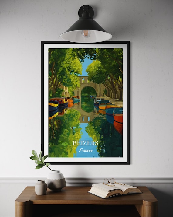 Beizers France Canal Boats Stone Bridge Vintage Retro Travel Poster