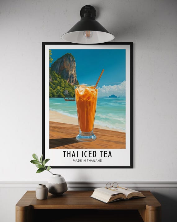 Thai Iced Tea Poster Sweet Milk Tropical Thailand Beach Limestone Cliffs Wall Art Asian Beverage Illustration Southeast Asia