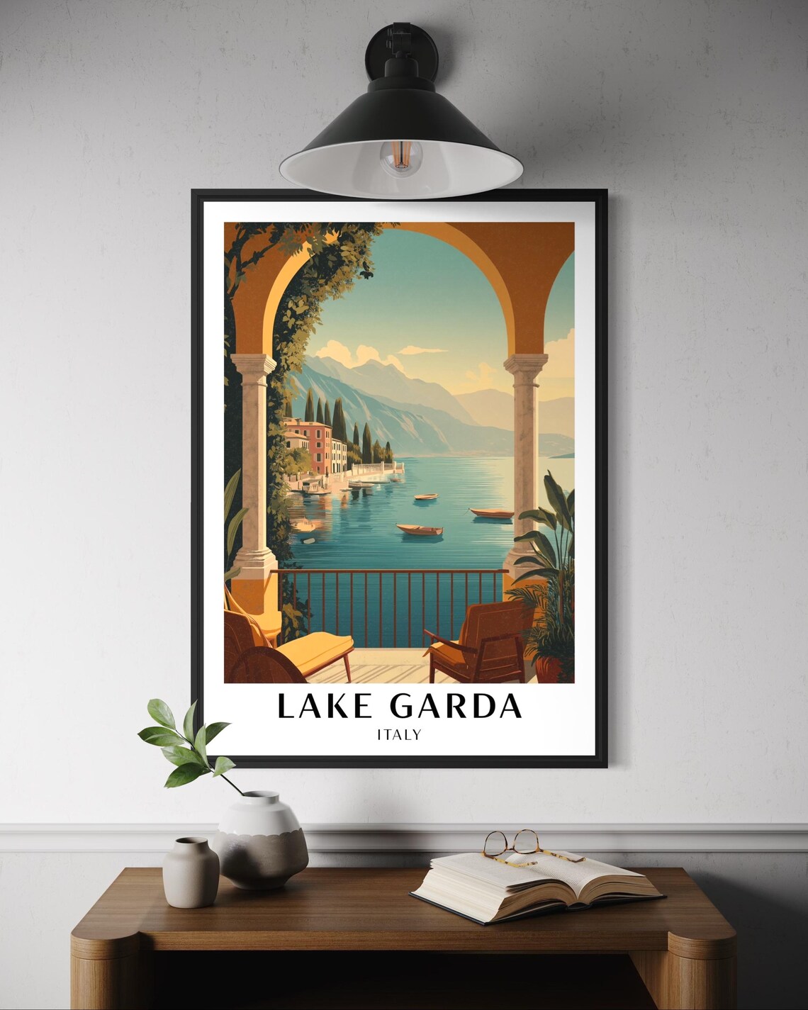Lake Garda Italy Travel Poster Terrace Arch View with Boats and Mountains