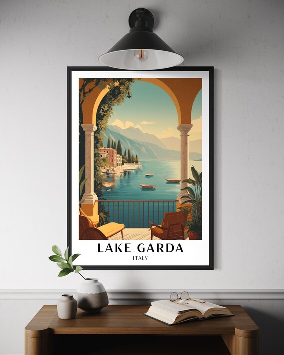Lake Garda Italy Travel Poster Lakeside Wall Art Italian Mountain Print Illustration Artwork Europe Home Decor