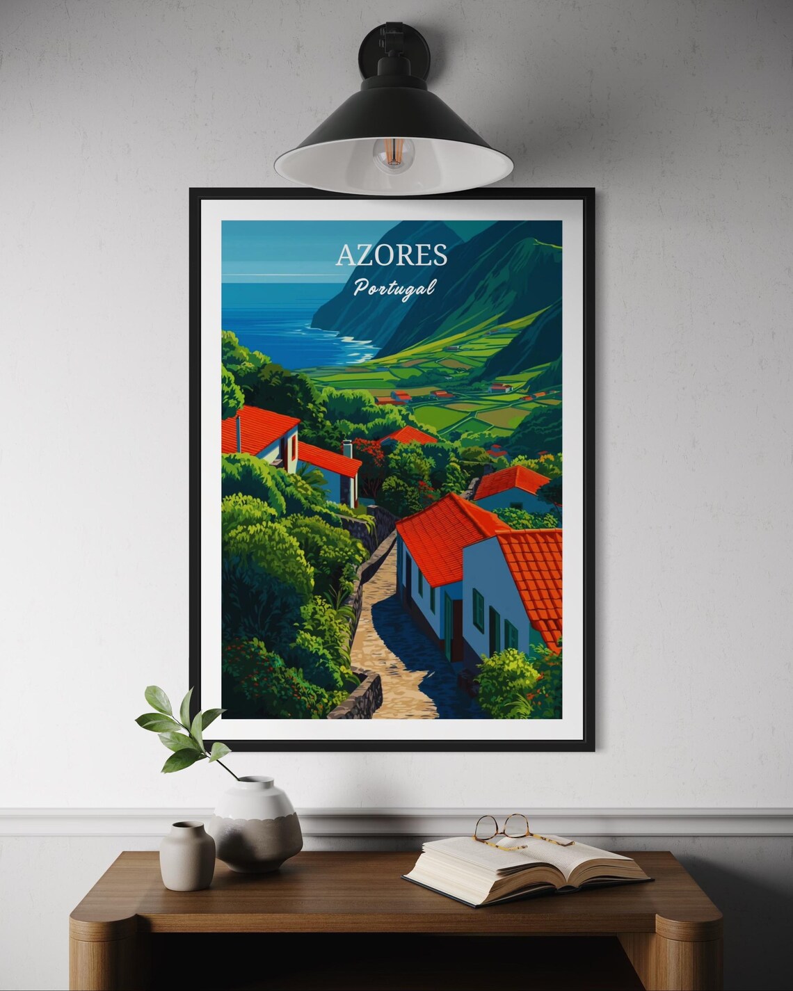 Azores Portugal Travel Poster with Island Village and Coastal Hills