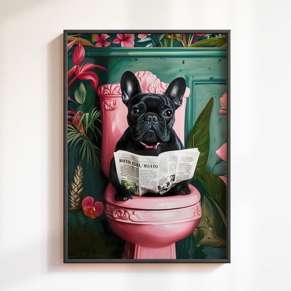 Black French Bulldog Reading On Toilet Print Toilet Wall Art Funny Dog Print Bathroom Wall Art Dog On Toilet Poster Funny Bathroom Decor