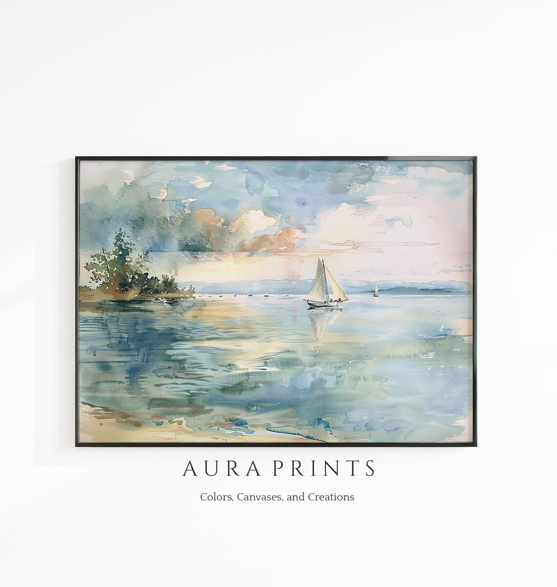 Sailboats On Calm Water Pastel Watercolor Seascape Poster Art