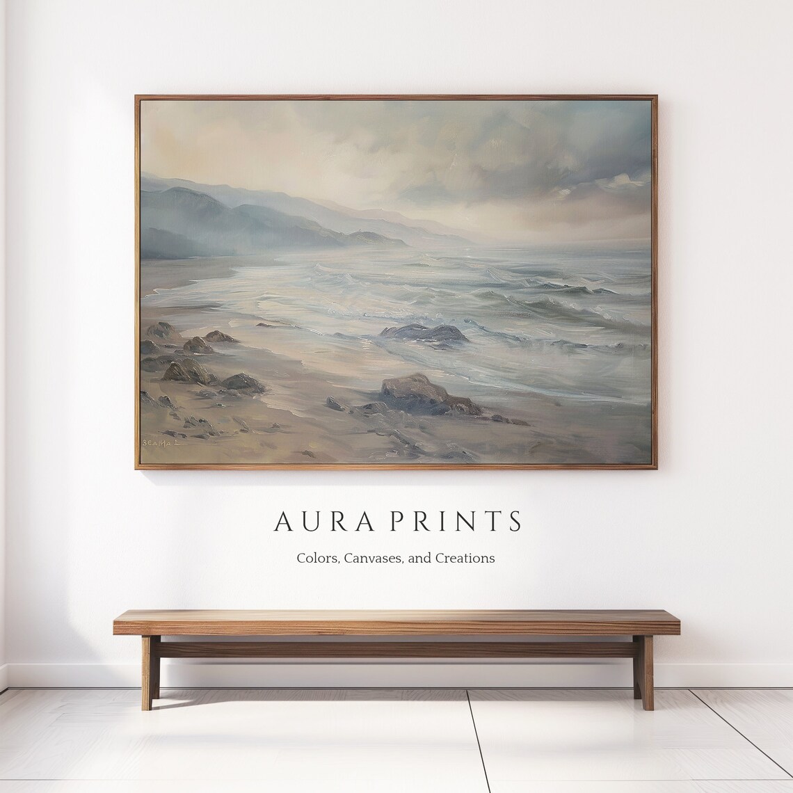 Misty Rocky Coastline Seascape Oil Painting Vintage Ocean Poster