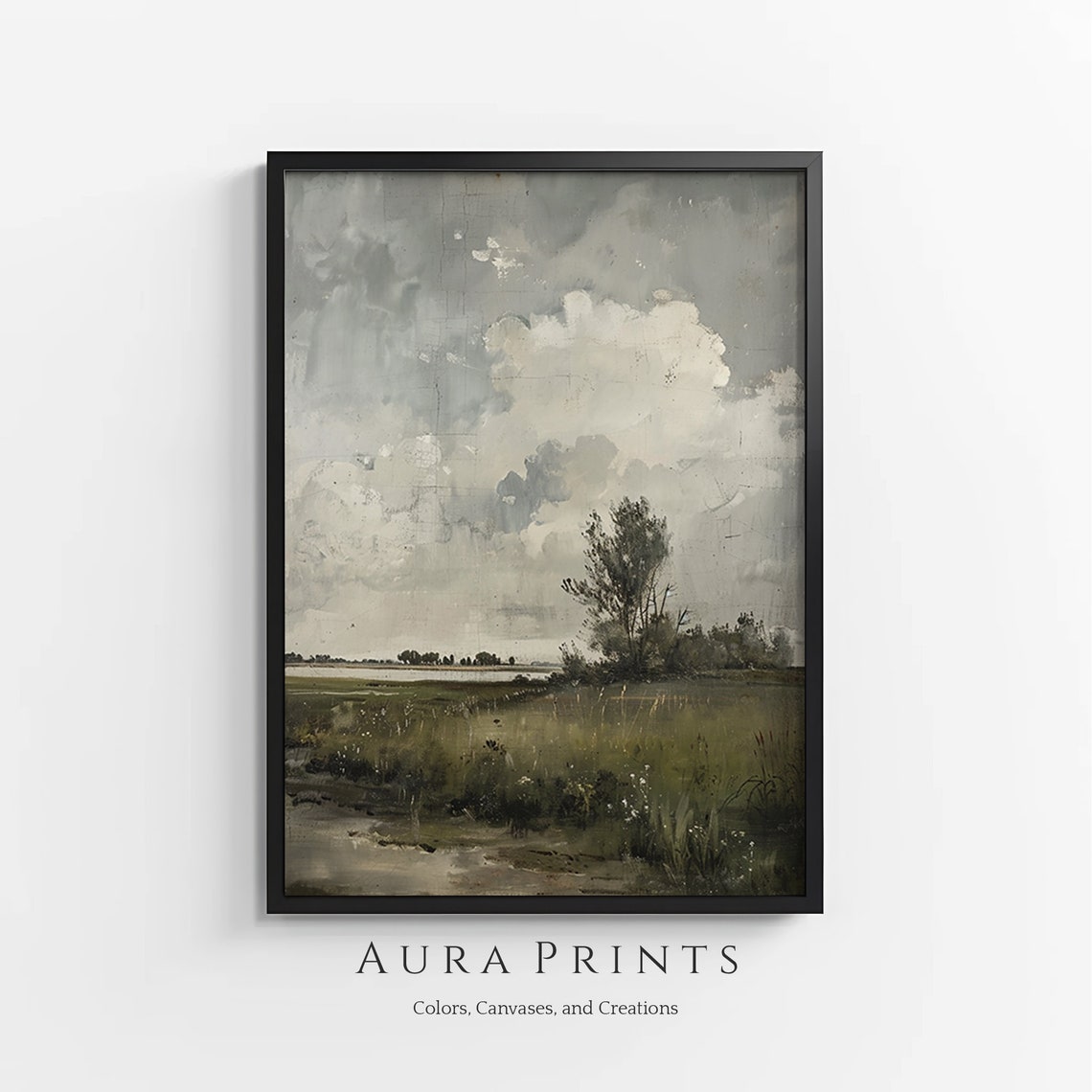 Cloudy Sky Over Green Fields Vintage Landscape Painting Poster