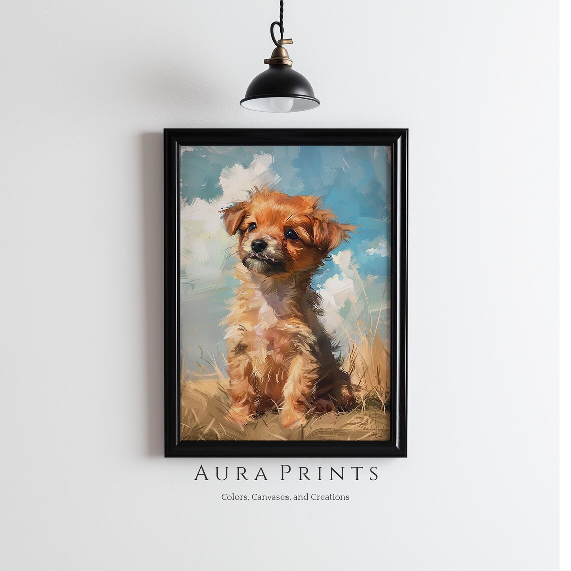 Golden Puppy Portrait Blue Sky Oil Painting Cute Dog Art Poster