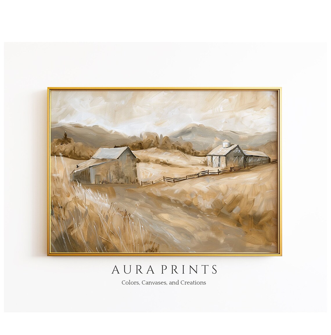 Golden Harvest Fields Farmhouse Barn Vintage Countryside Oil Poster