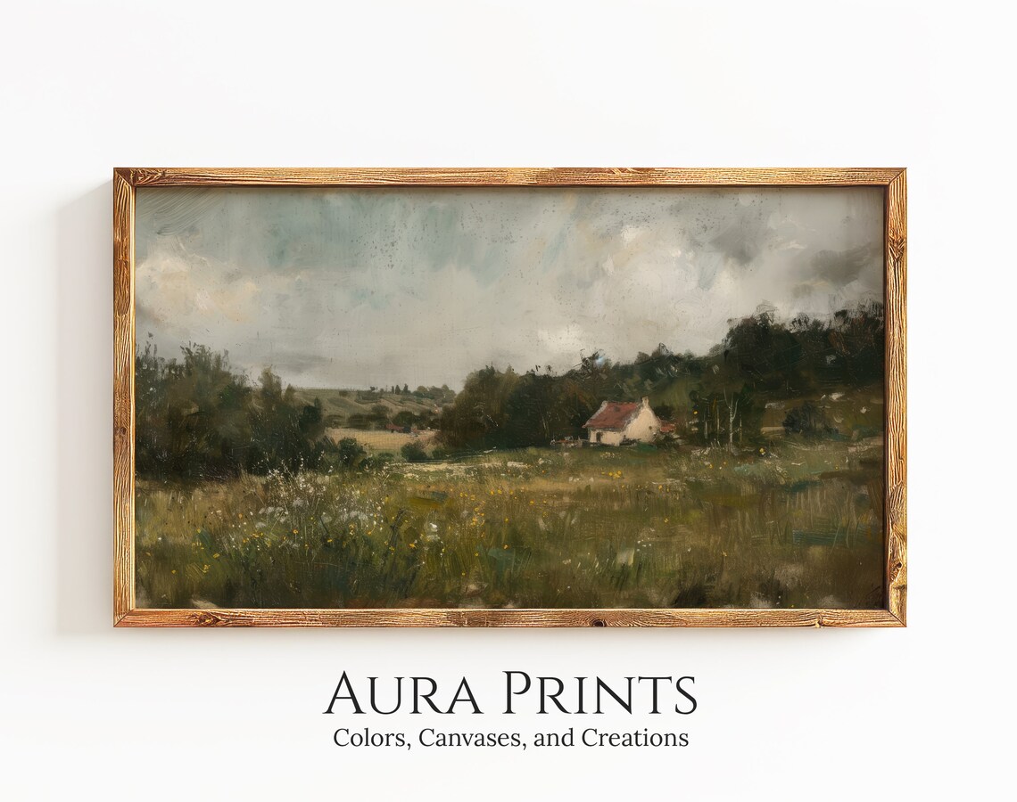 Wildflower Meadow Cottage Oil Painting Vintage Countryside Poster
