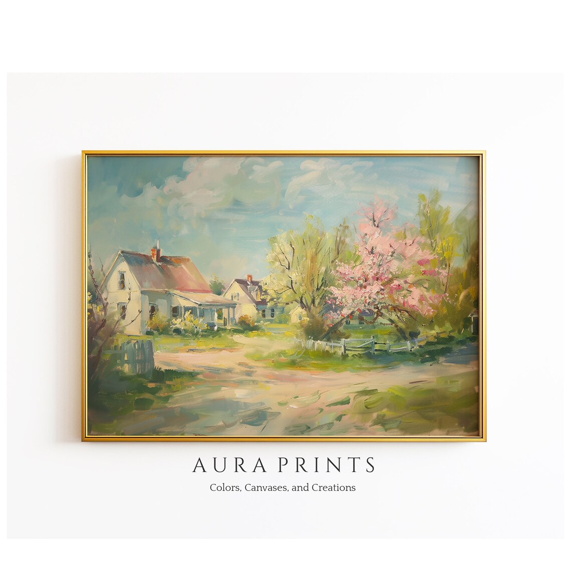 Spring Village Cottage Oil Painting Blooming Trees Country Lane Poster