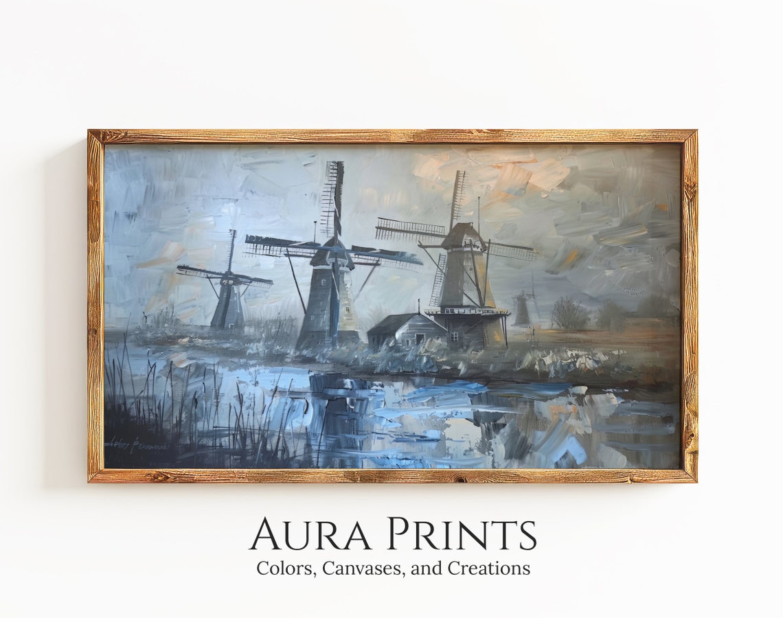 Dutch Windmills Canal Oil Painting Misty Gray Vintage Poster
