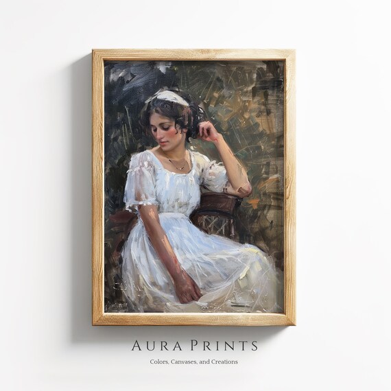 Antique Portrait Elegant Woman in White Vintage Seated Painting Poster