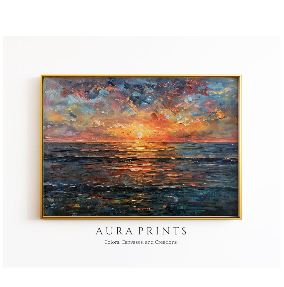 Ocean Sunset Impasto Waves Golden Dusk Seascape Oil Painting Poster