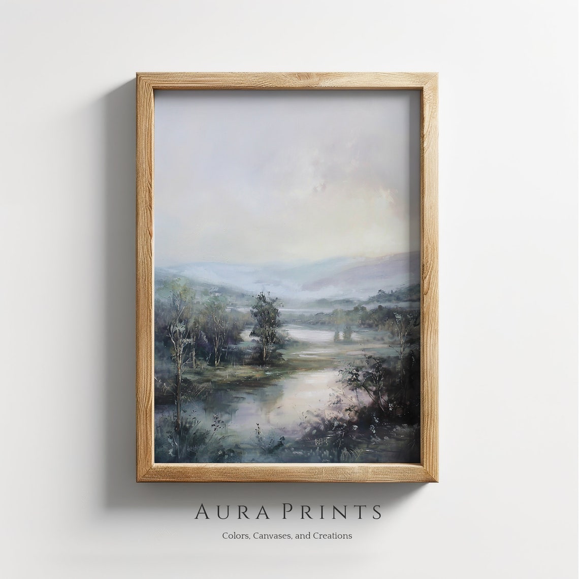 Misty River Valley Soft Neutral Vintage Landscape Art Poster