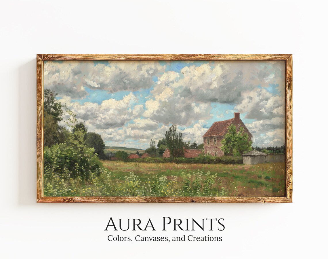 Rustic Farmhouse Red Roof Oil Painting Dramatic Sky Wall Poster