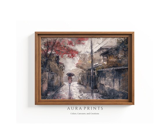Woman Walking In Raining Japan Street Moody Painting Neutral Color For Wall Decor 0542