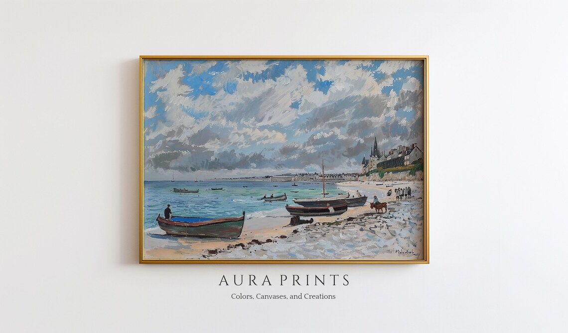Impressionist Beach Scene Boats Vintage Coastal Town Painting Poster
