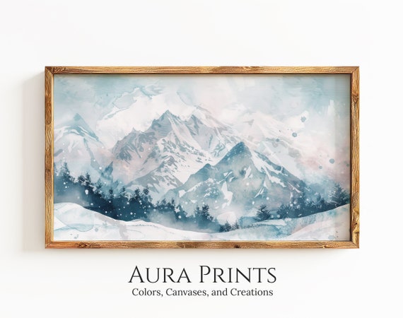 Winter Frame Tv Art Snowy Mountain Pass Watercolor Painting Instant Last Minute Decor 1075