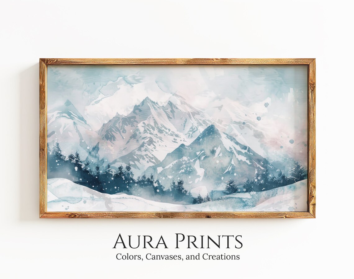 Snowy Mountain Pass Blue Winter Watercolor Landscape Scenic Poster
