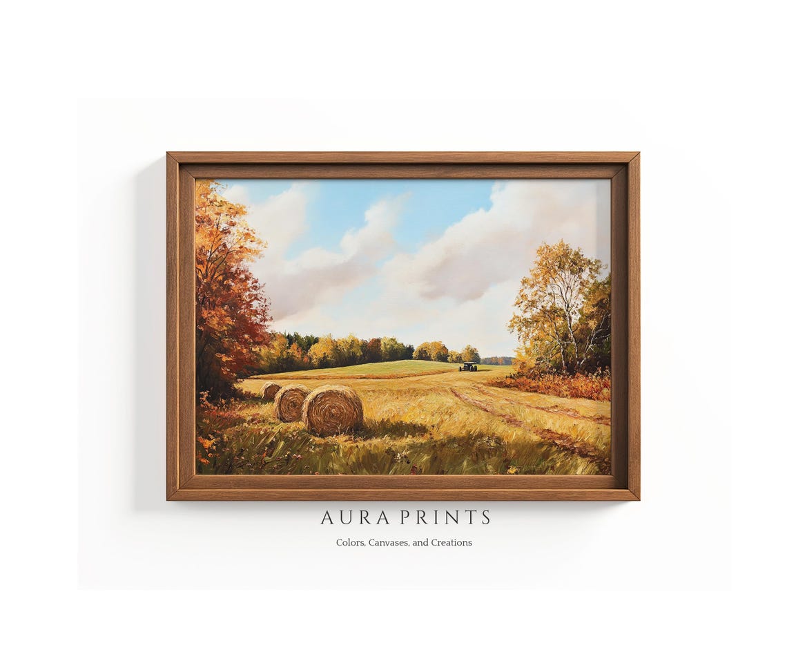 Open Field With Hay Bales Painting Autumn Trees Farmhouse Decor Vintage Wall Art 1234