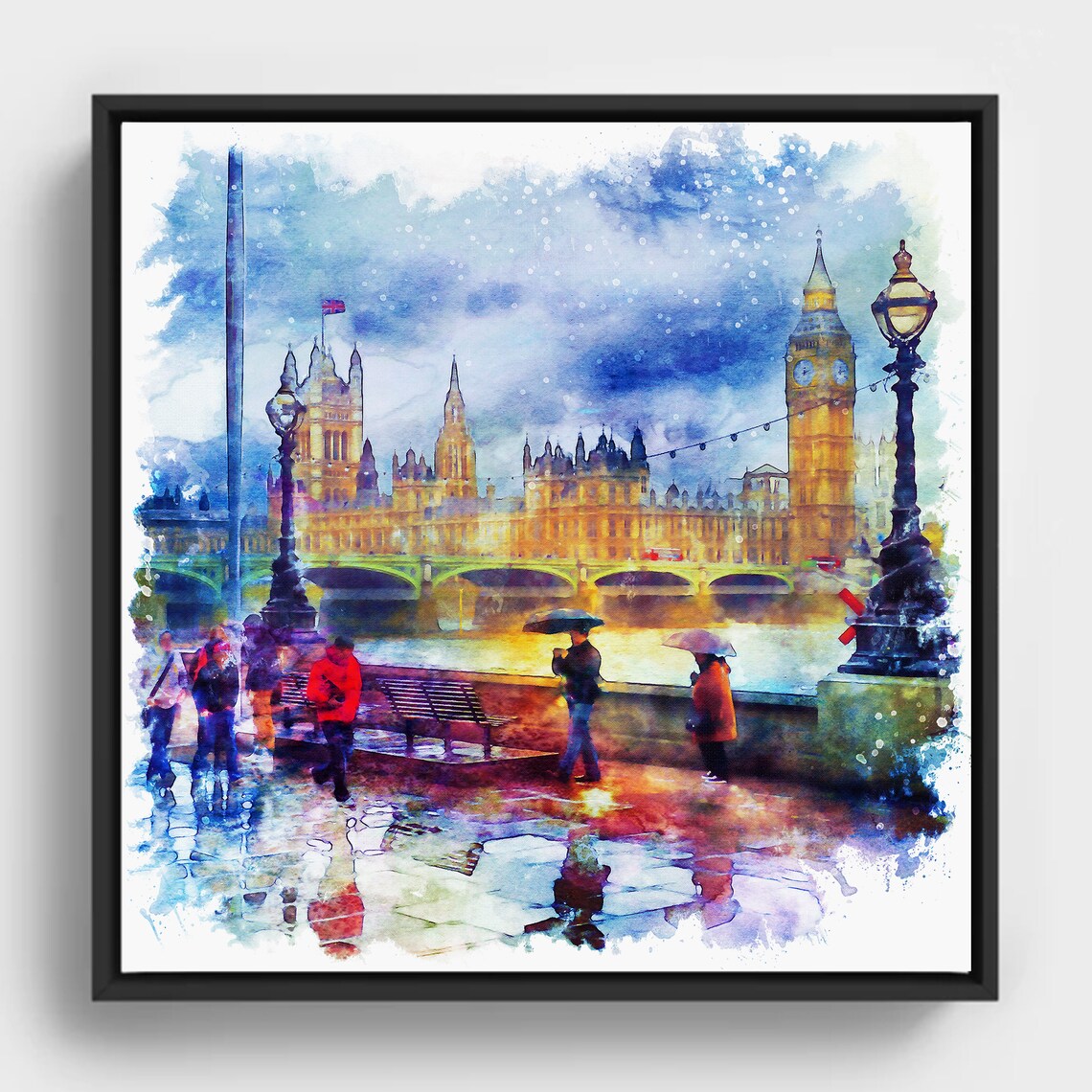London Rainy Day Watercolor Moody Cityscape Wall Art