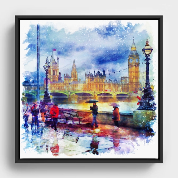 London Rainy Day Watercolor Moody Cityscape Wall Art