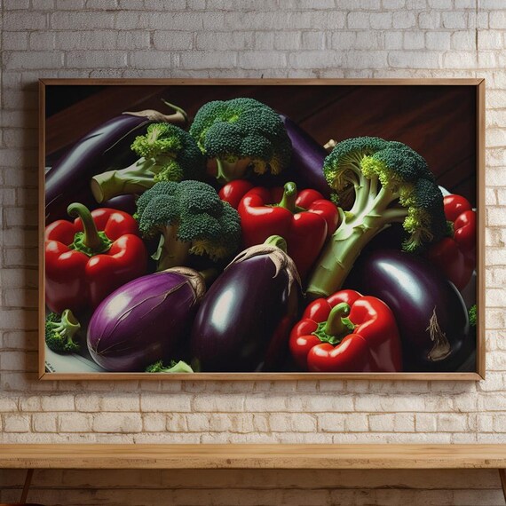 Eggplant Red Peppers Broccoli Fresh Vegetable Dark Kitchen Art Poster