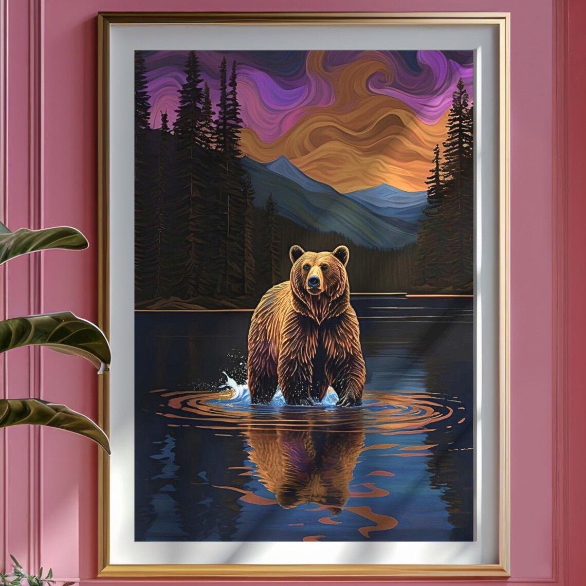 Grizzly Bear Sunset Art Print, Wildlife Poster