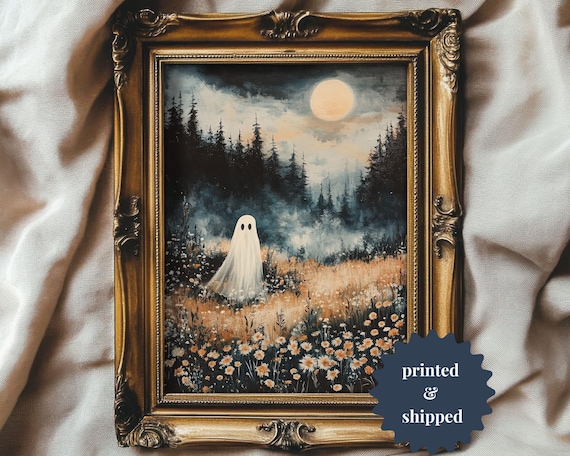 Whimsical Ghost On Flower Meadow, Halloween Art Print