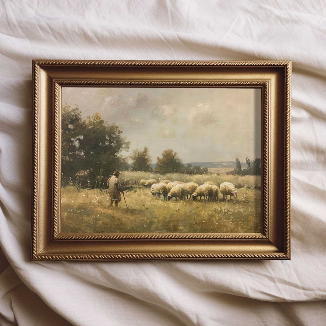 Shepherd and His Sheep, Vintage Farmhouse Art Print - Image 2