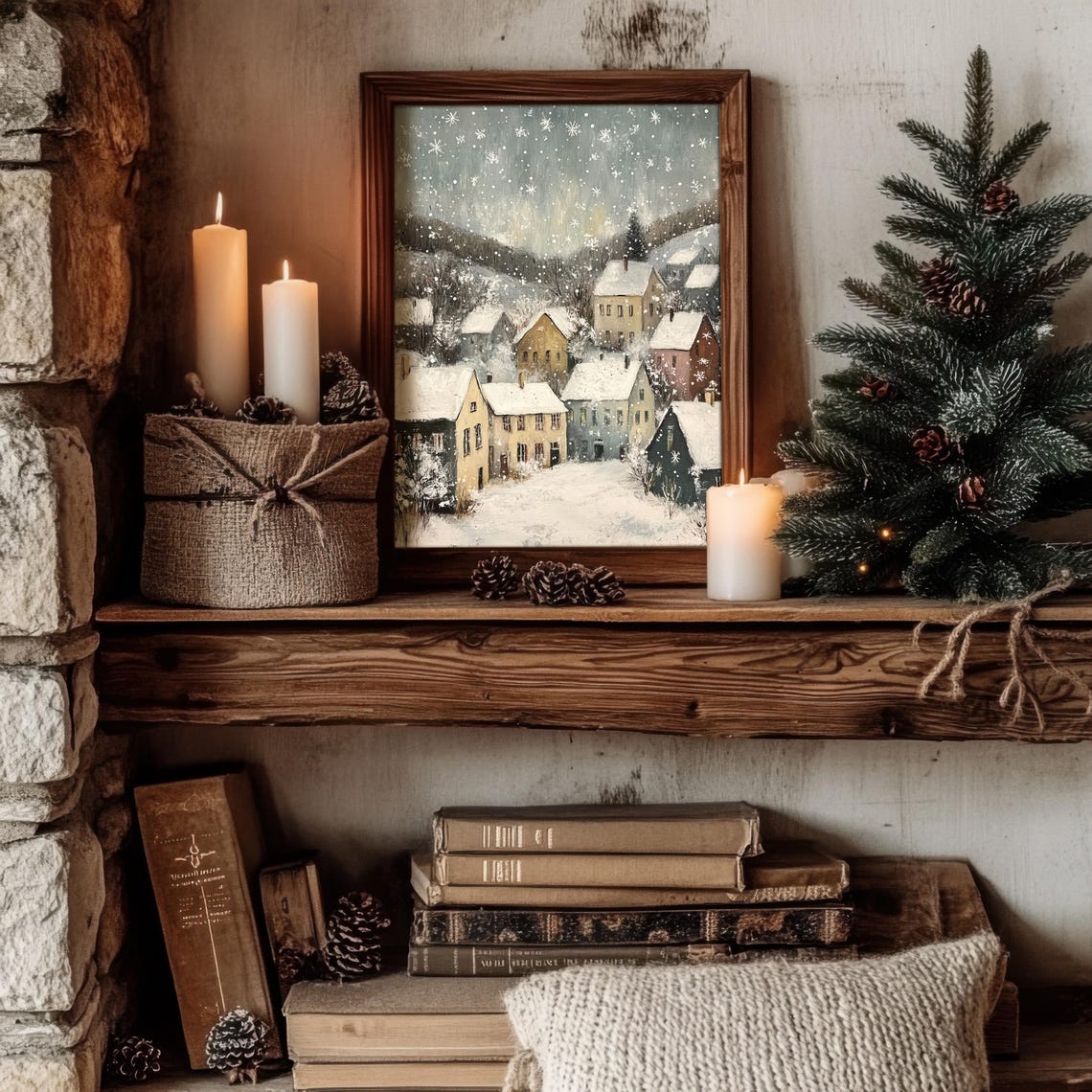 Christmas Village Winter Painting, Vintage Holiday Art Print - Image 2