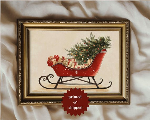 Santas Sleigh Vintage Style Art Print, Christmas Decor
