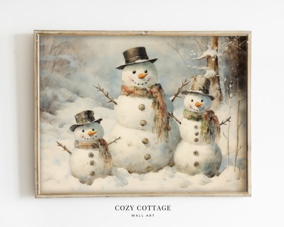 Snowman Family Vintage Christmas Cottage Art Print